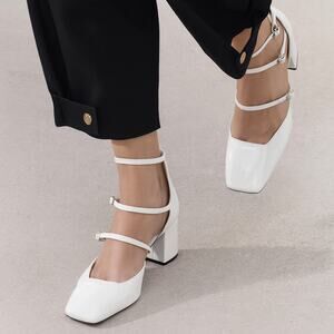 Zara NWT White Patent Square Toe Strappy Block Heels 8